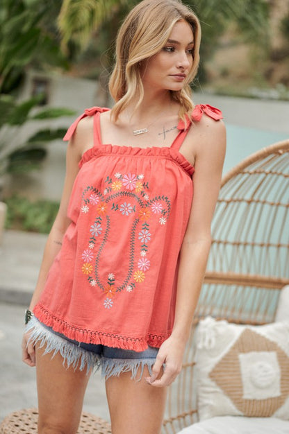 Delia Tie Shoulder Embroidered Ruffle Tank