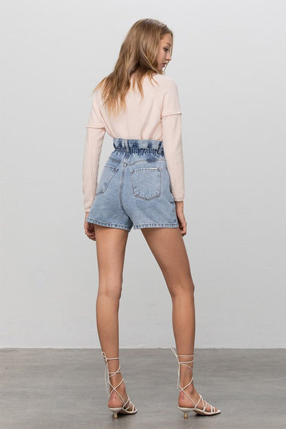 Pamela High Rise Paper Bag Denim Shorts