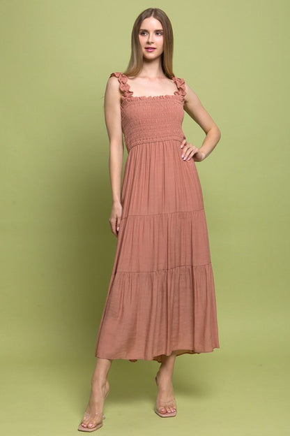 Emmy Smocked Ruffle Strap Midi Dress