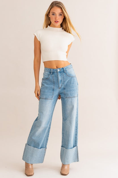 Crissy High-Waisted Wide Leg Cuffed Jeans