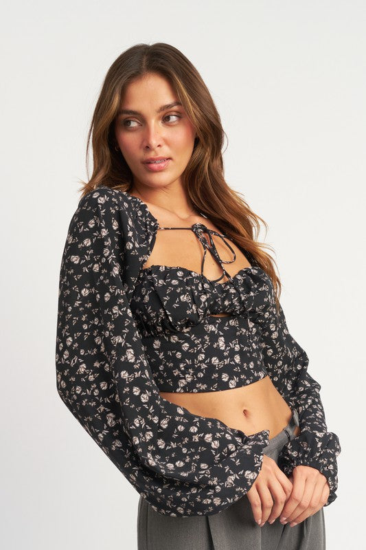 Aila Tie Front Floral Long Sleeve Top