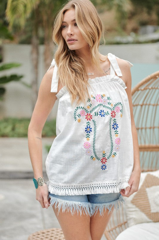 Delia Tie Shoulder Embroidered Ruffle Tank