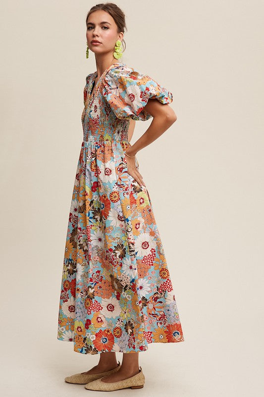 Alivia Flower Puff Sleeve Maxi Dress