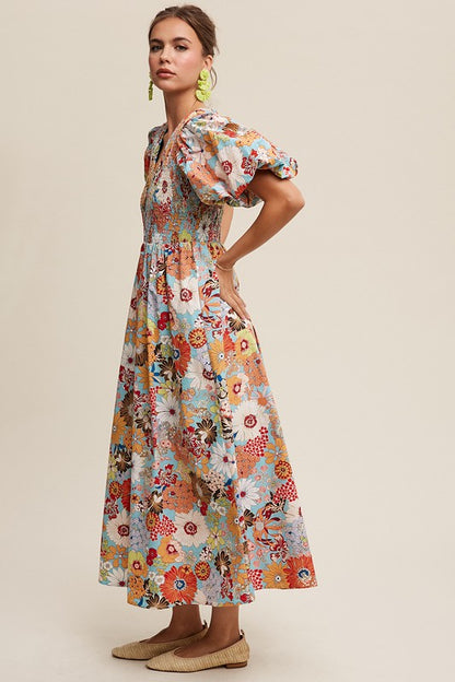 Alivia Flower Puff Sleeve Maxi Dress