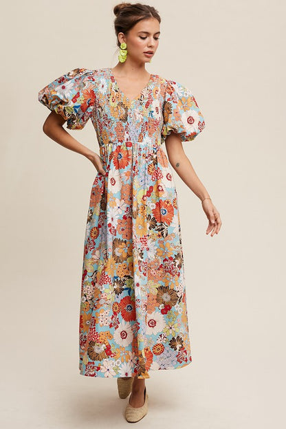 Alivia Flower Puff Sleeve Maxi Dress