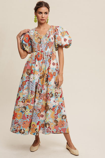 Alivia Flower Puff Sleeve Maxi Dress