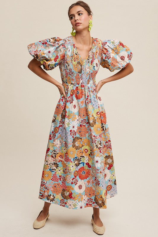 Alivia Flower Puff Sleeve Maxi Dress