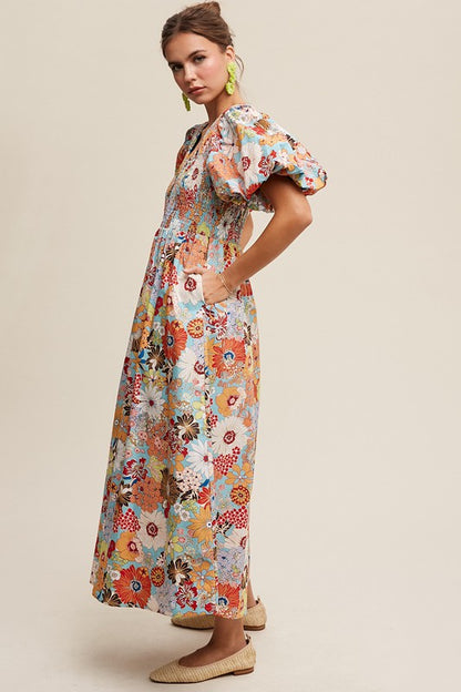 Alivia Flower Puff Sleeve Maxi Dress