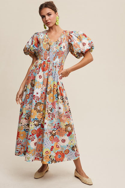 Alivia Flower Puff Sleeve Maxi Dress