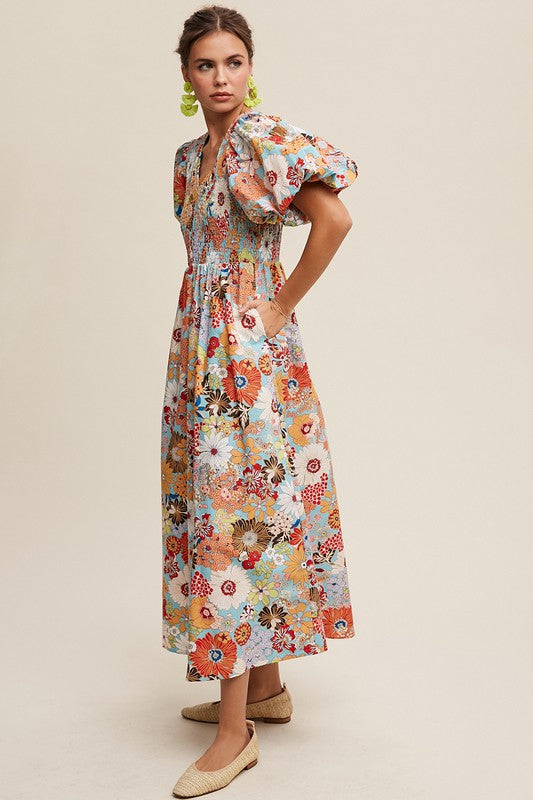 Alivia Flower Puff Sleeve Maxi Dress