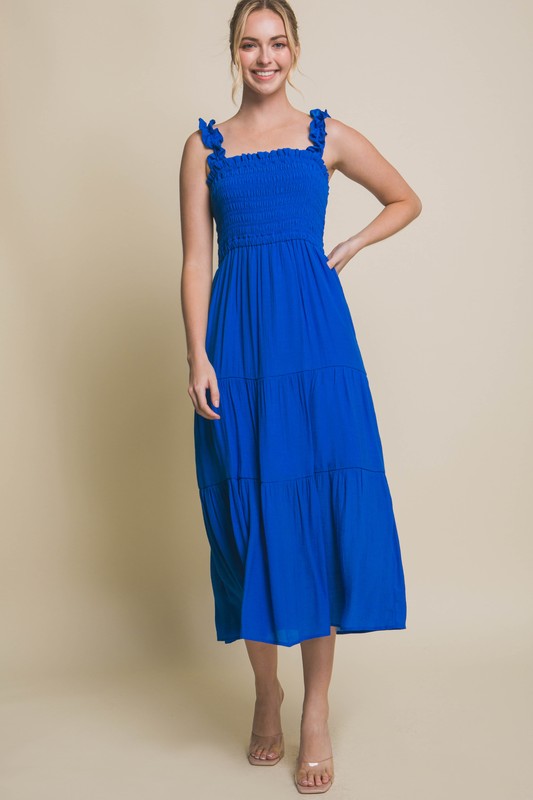 Emmy Smocked Ruffle Strap Midi Dress