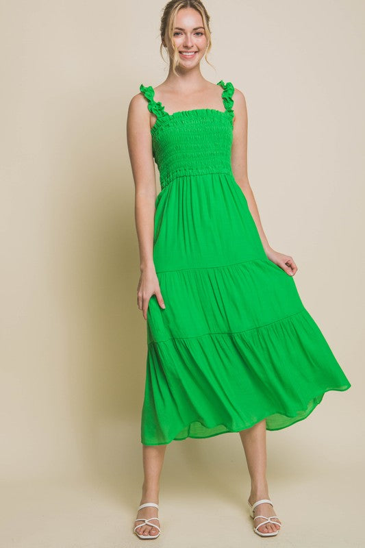 Emmy Smocked Ruffle Strap Midi Dress