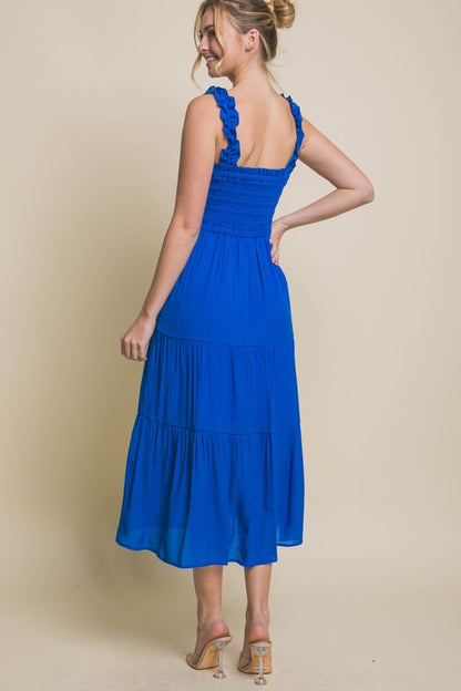 Emmy Smocked Ruffle Strap Midi Dress