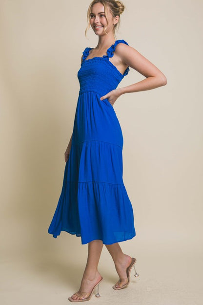 Emmy Smocked Ruffle Strap Midi Dress