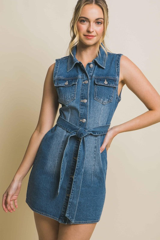 Dallas Denim Tie Waist Mini Dress