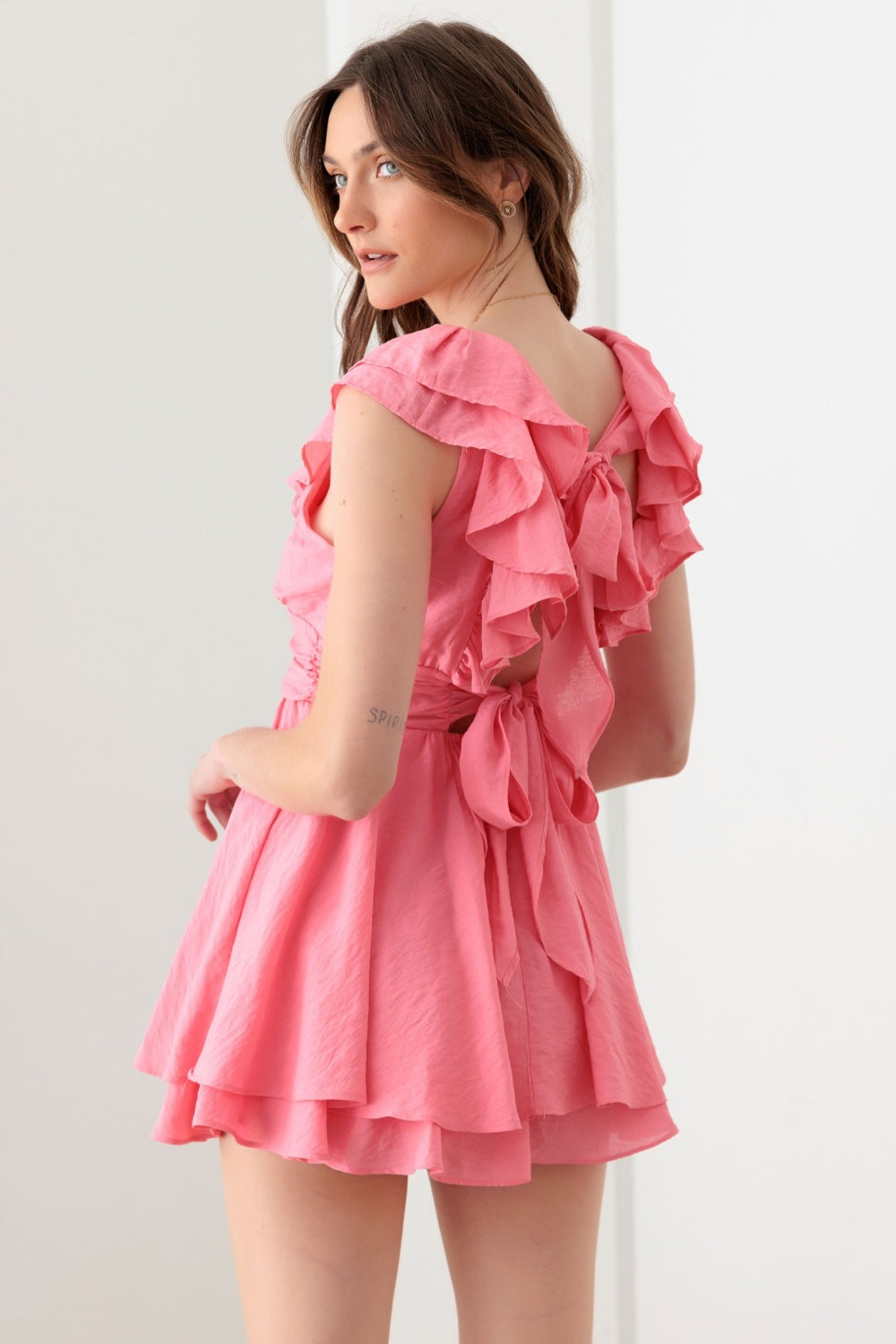 Aimee Pink Tie Back Ruffled Romper