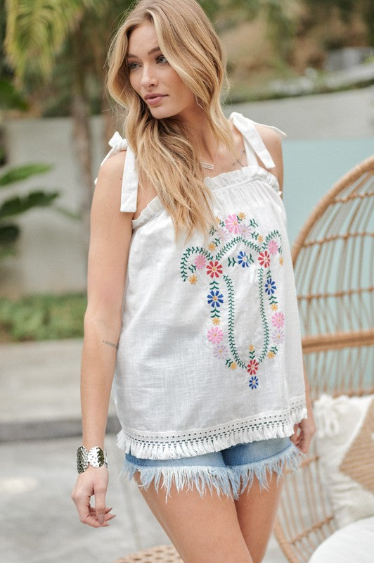 Delia Tie Shoulder Embroidered Ruffle Tank