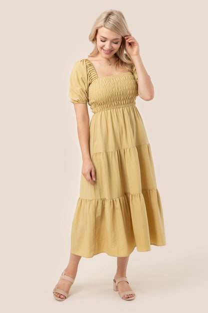 Eliza Tiered Puff Sleeve Midi Dress