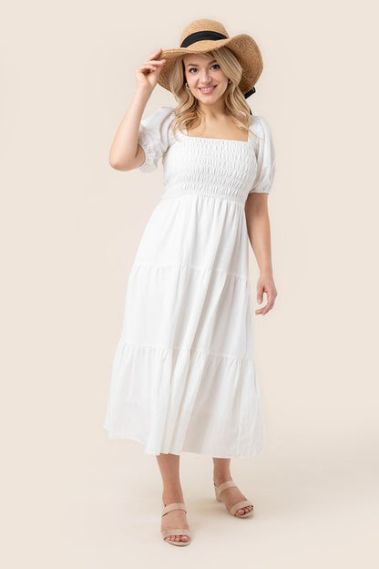 Eliza Tiered Puff Sleeve Midi Dress