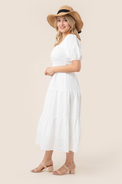 Eliza Tiered Puff Sleeve Midi Dress