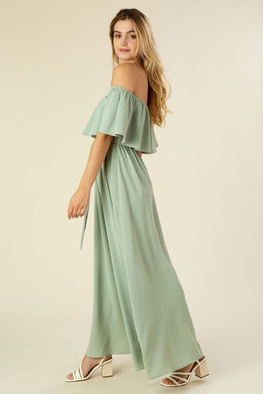 Cleo Off Shoulder Swiss Dot Maxi Dress