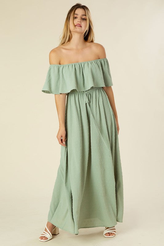 Cleo Off Shoulder Swiss Dot Maxi Dress