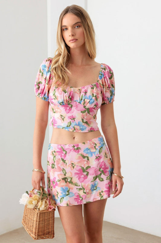 Norah Floral Puff Sleeve Top and Skirt Set