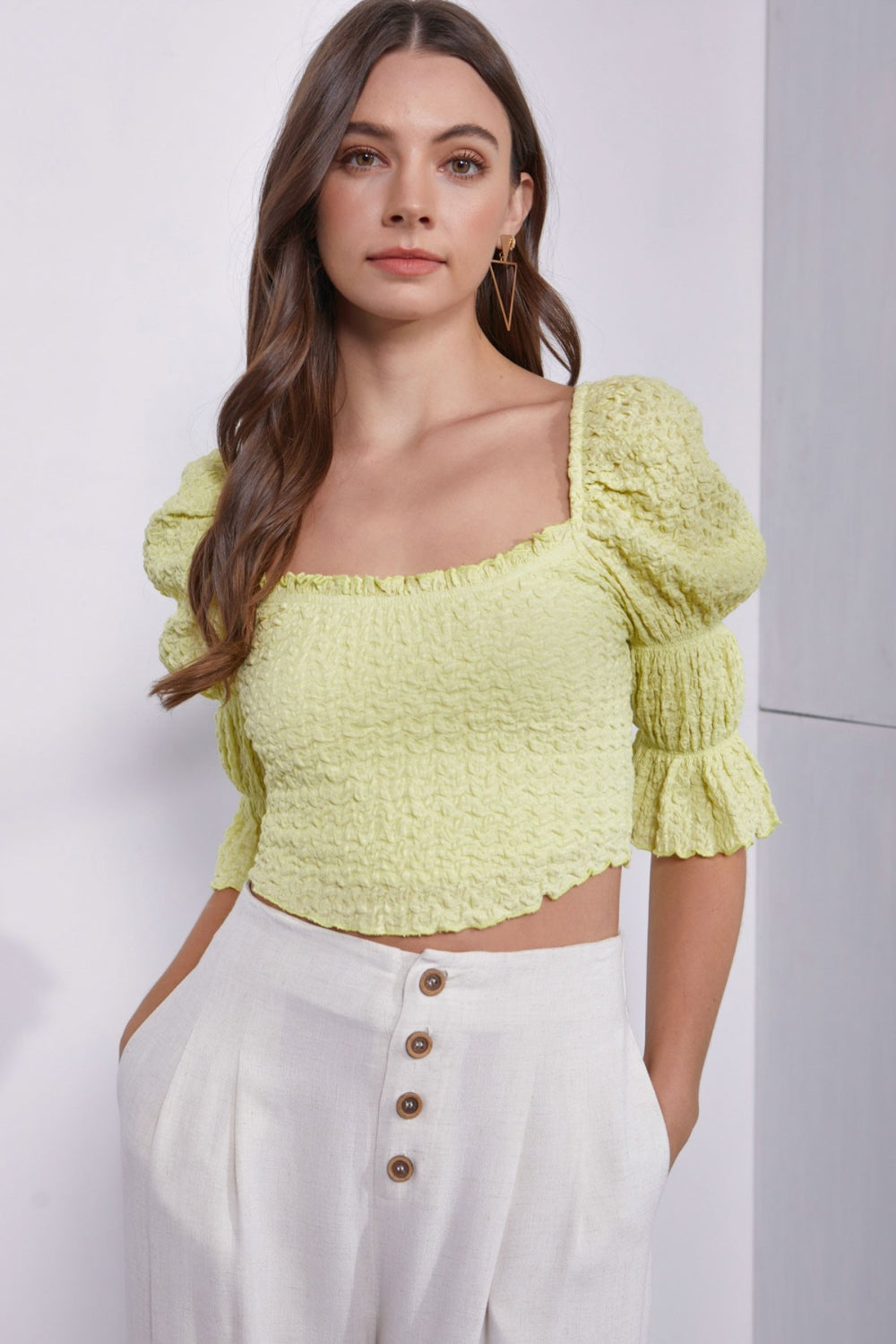 Kiera Crinkle Puff Sleeve Crop Top