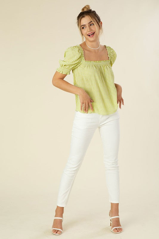 Shelby Smocked Gingham Puff Sleeve Top