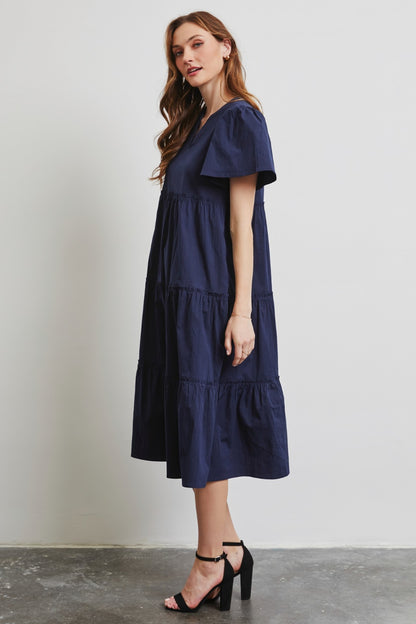 Cassie Ruffled Sleeve Tiered Midi Dress - Navy