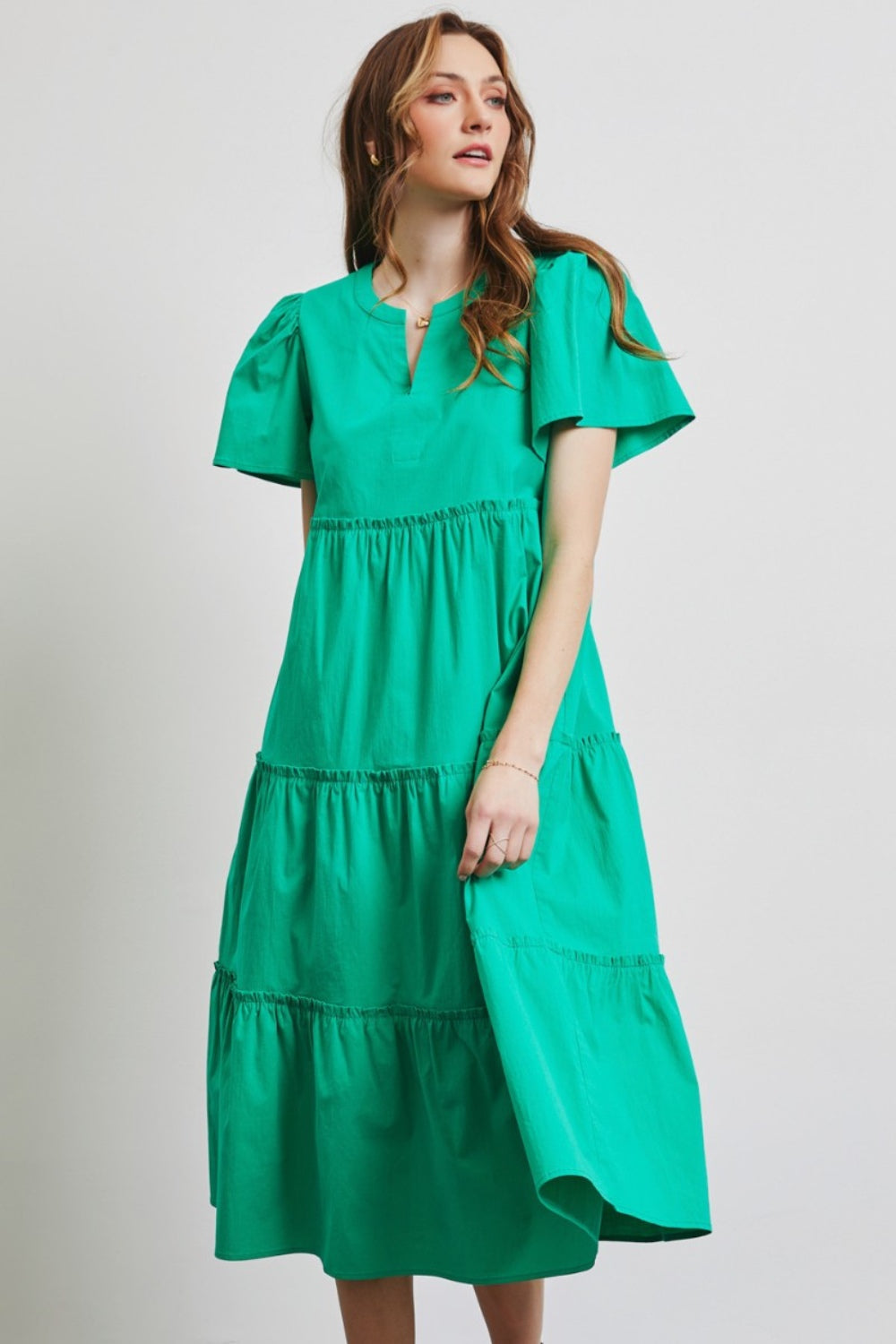 Cassie Ruffled Sleeve Tiered Midi Dress