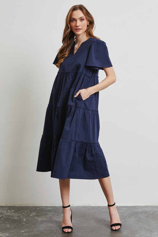 Cassie Ruffled Sleeve Tiered Midi Dress - Navy