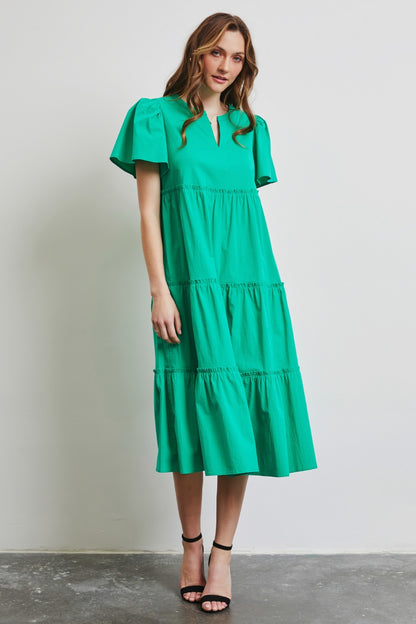 Cassie Ruffled Sleeve Tiered Midi Dress