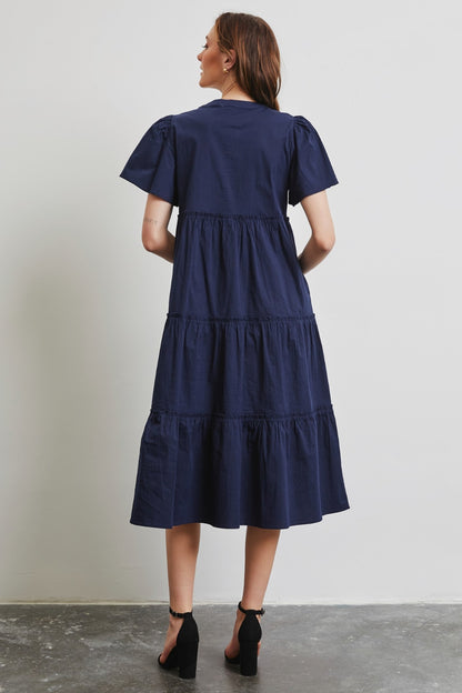 Cassie Ruffled Sleeve Tiered Midi Dress - Navy