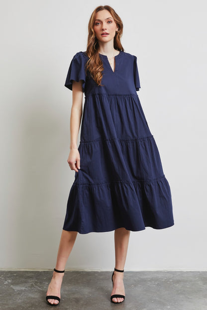 Cassie Ruffled Sleeve Tiered Midi Dress - Navy