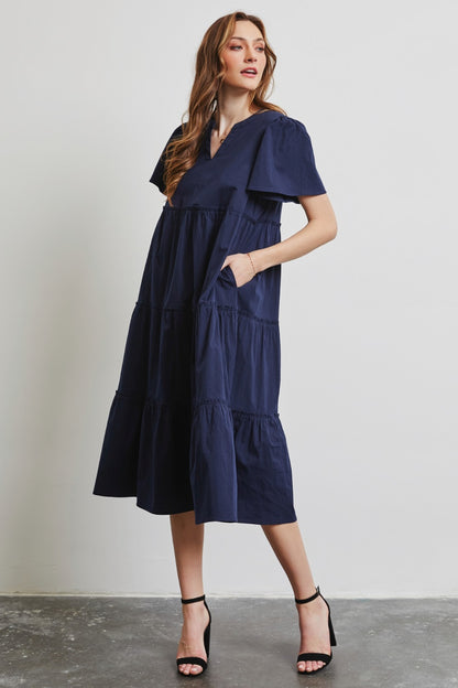 Cassie Ruffled Sleeve Tiered Midi Dress - Navy