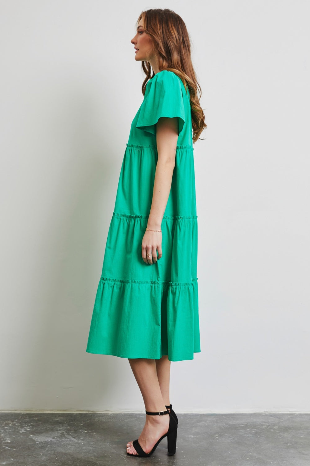 Cassie Ruffled Sleeve Tiered Midi Dress